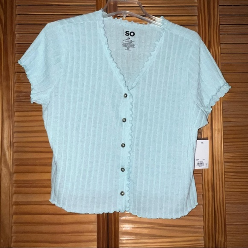 So Goods For Life Short‎ Sleeve Aqua Button Front Top Juniors Plus 2X New